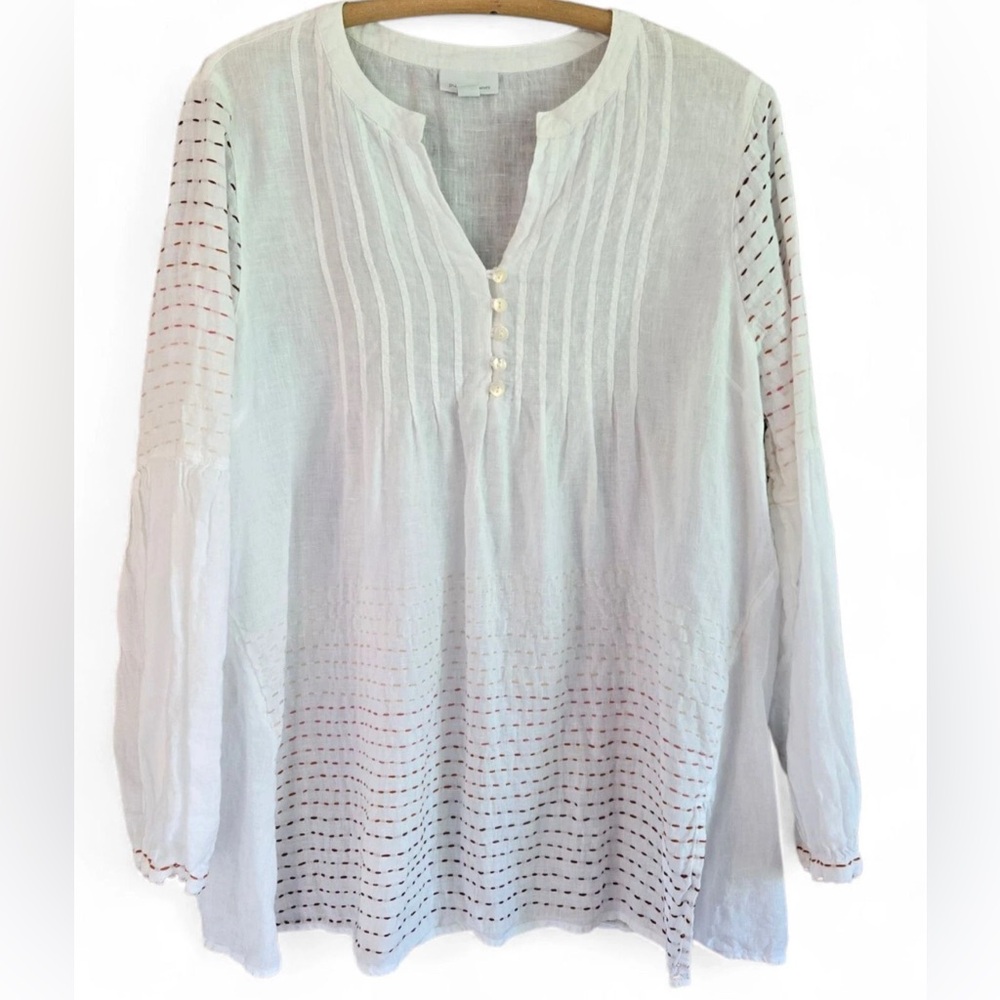 Purejill White Button-Down Women's Tunic 100%linen embroidery